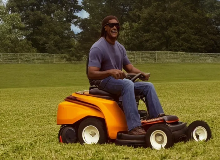 Image similar to film still of Stevie Wonder riding a lawn mower in the new Field of Dreams movie, 4k