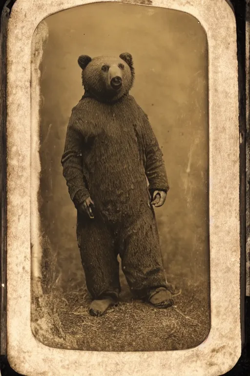 Prompt: a wet plate photo of an anthropomorphic bear dressed as a peasant