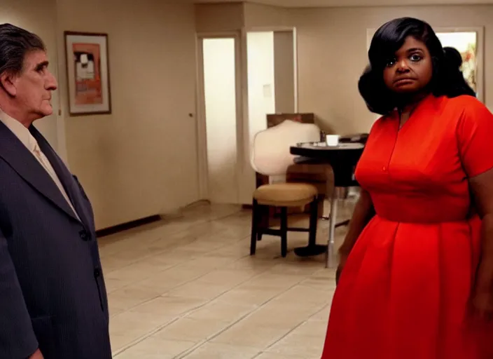 Prompt: cinematic shot of octavia spencer confronts joe manchin in a motel, in the near future, iconic scene from the paranoid thriller sci fi film directed by stanley kubrick, color theory, apartment design, leading lines, photorealistic, volumetric lighting