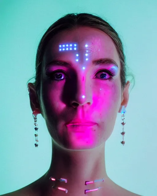 Prompt: natural light, soft focus portrait of an android with soft synthetic pink skin, blue bioluminescent plastics, smooth shiny metal, elaborate electronic jewellery, leds, piercings, face tattoo, skin textures, by annie liebovotz, paul lehr,
