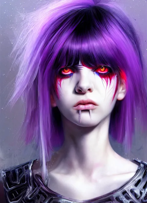 Image similar to hair whitebangs hair, black cyberlox, portrait of normal teenage girl, white bangs, messy bangs, fluffy bangs, cyberlox, whitebangs, red irises, purple background, intricate, elegant, highly detailed, digital painting, artstation, concept art, sharp focus, smooth, illustration, art by wlop, mars ravelo and greg rutkowski