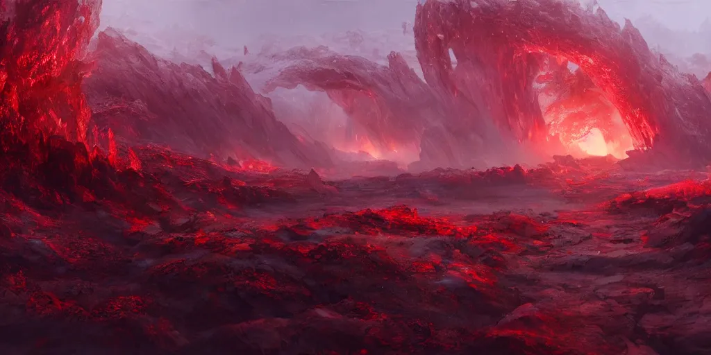 Image similar to a epic landscape full of big red crystals emerging from the ground, concept art, octane render, unreal engine 5, trending on artstation, greg rutkowski, hyperrealistic, highly detailed, high quality, 8 k, dramatic lighting, cinematic, high coherence, high contrast, digital art, high definition, path traced, night