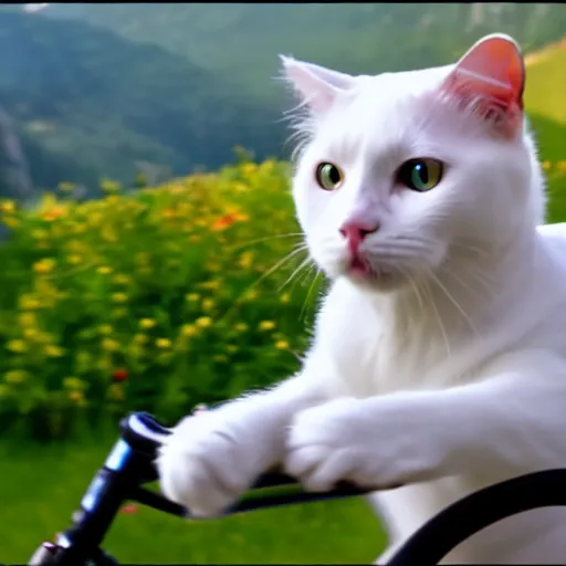 Image similar to a white cat riding a bicycle, austria, film still, sound of music, 4 k, 8 k