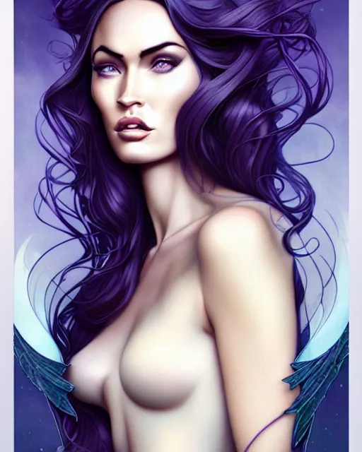 Image similar to new art nouveau portrait of fantasy goddess megan fox in the style of anna dittmann, patrick nagle, charlie bowater and loish. long windblown hair, very large, clear, expressive, and intelligent eyes. symmetrical, centered, ultrasharp focus, dramatic lighting, photorealistic digital matte painting, intricate ultra detailed background.