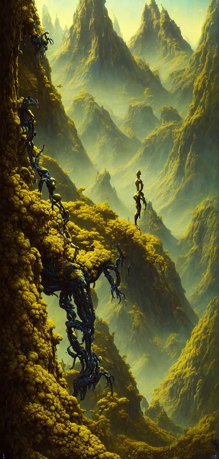 Image similar to exquisite, imaginative alien creature poster art, humanoid, lush alien landscape, tall mountain, colourful movie art, by lucusfilm weta studio tom bagshaw james jean frank frazetta, muca, james gurney, blue and gold