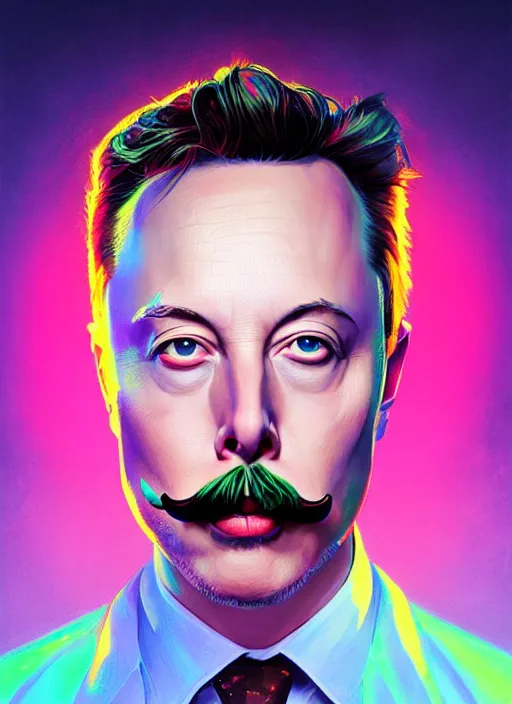 Image similar to symmetry!! portrait of elon musk with a salvador dali moustache intricate, neon lights, highly detailed, digital painting, artstation, concept art, smooth, sharp focus, illustration, art by artgerm and greg rutkowski