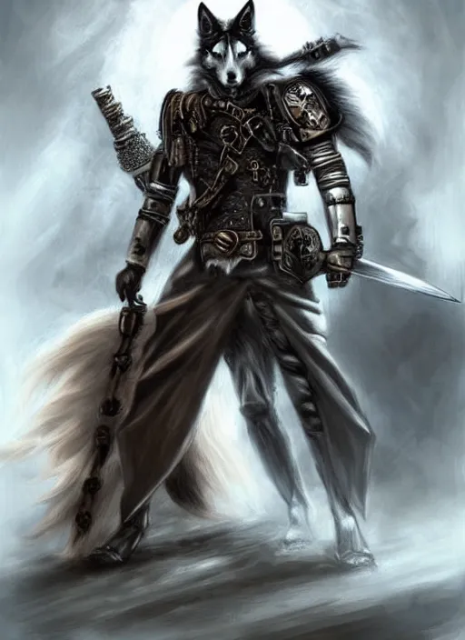 Image similar to steampunk white wolf with claymore, fantasy, art station, dramatic, concept art, portrait