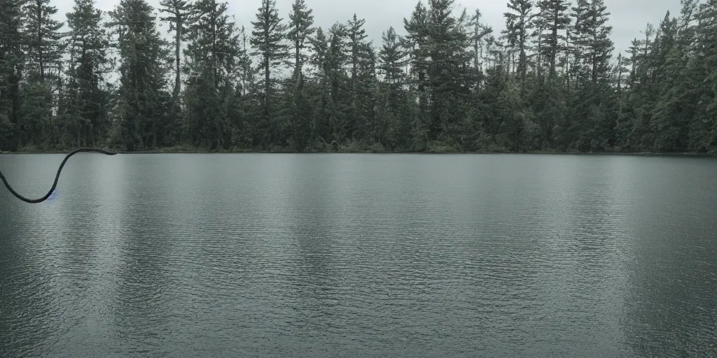 Image similar to symmetrical photograph of an infinitely long rope floating on the surface of the water, the rope is snaking from the foreground stretching out towards the center of the lake, a dark lake on a cloudy day, trees in the background, anamorphic lens