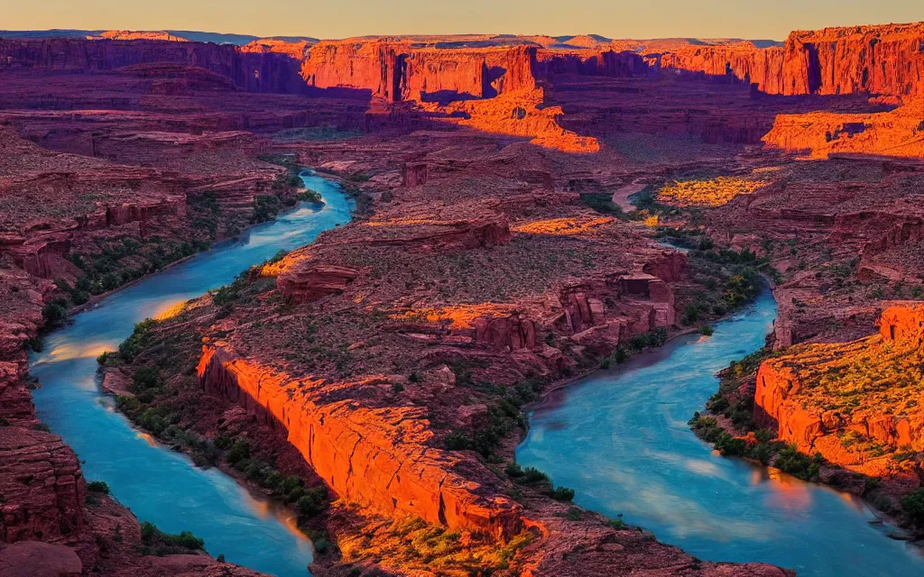 Image similar to “a river bend running through a canyon surrounded by desert mountains at sunset, moab, utah, a tilt shift photo by Frederic Church, trending on unsplash, hudson river school, photo taken with provia, national geographic photo”