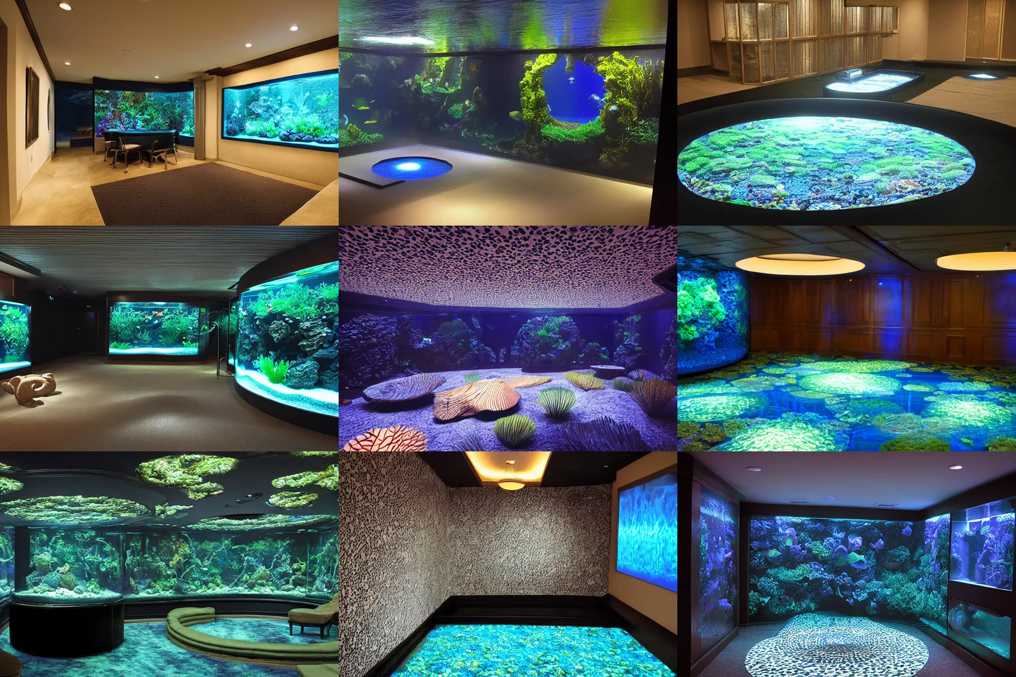 Prompt: a dark round carpeted aquarium room lit by water caustics