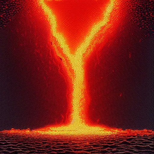 Image similar to lava raining down from sky onto ocean, beautiful detailed pixelart by albertov, intricate details, beautiful, dithered gradients, volumetric lighting, cgsociety, artstation, smooth, sharp focus, 2 d illustration, amazing art by dan mumford, old school computer game graphics, crpg, d & d, pixel art