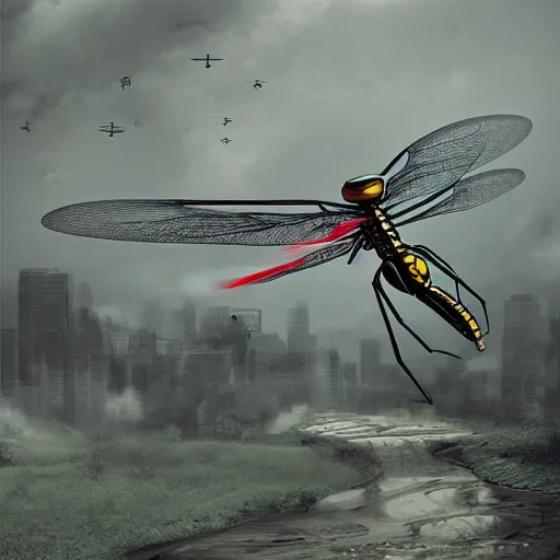 Image similar to giant mechanical dragonfly drone digital art, concept art, trending on art station