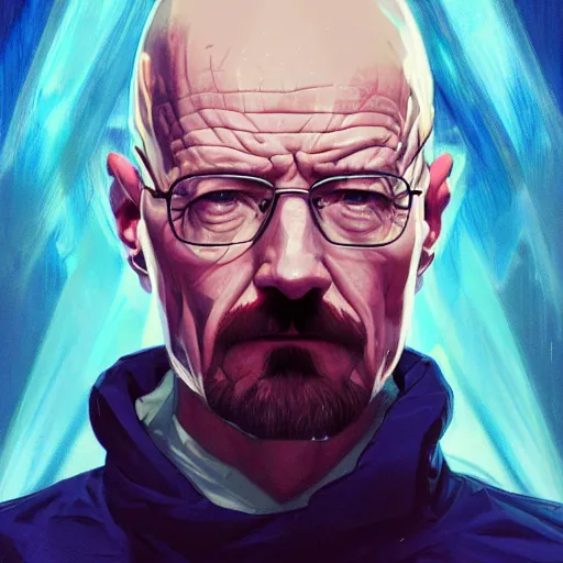 Image similar to high quality illustration, walter white realistic portrait, cyberpunk, alphonse mucha, riot game, beautiful, epic composition, alexandre bourlet, arcane, lois van baarle, league of legend, digital painting, james jean, dynamic colors, greg rutkuwsky, artstation, concept art, neon