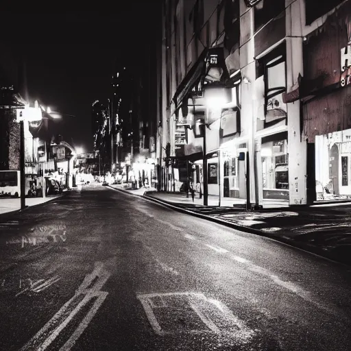 Prompt: street view of a dark cyber noir city, night, photoreal 35mm 8k photography