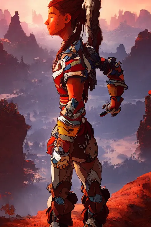 Image similar to combination suit armor aloy horizon forbidden west horizon zero dawn radiating a glowing aura global illumination ray tracing hdr fanart arstation by ian pesty and alena aenami artworks in 4 k tribal robot ninja mask helmet backpack