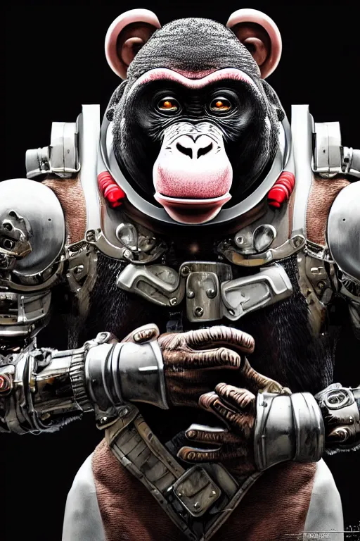 Image similar to a portrait of a muscular anthropomorphic cyberpunk chimp in spacesuit armor with ensignia on chest plate by sandra chevrier, by jon foster, detailed render, post - processing, extremely hyperdetailed, intricate, epic composition, cybernetics, 4 k realistic, cryengine, realistic shaded lighting, sharp focus, masterpiece, by enki bilal