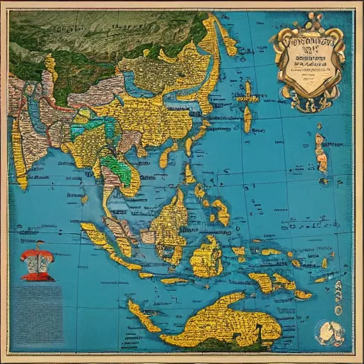 Image similar to isometric view of mainland southeast asia, geographic map, high - detail, high accuracy, in style of old map, fantasy,