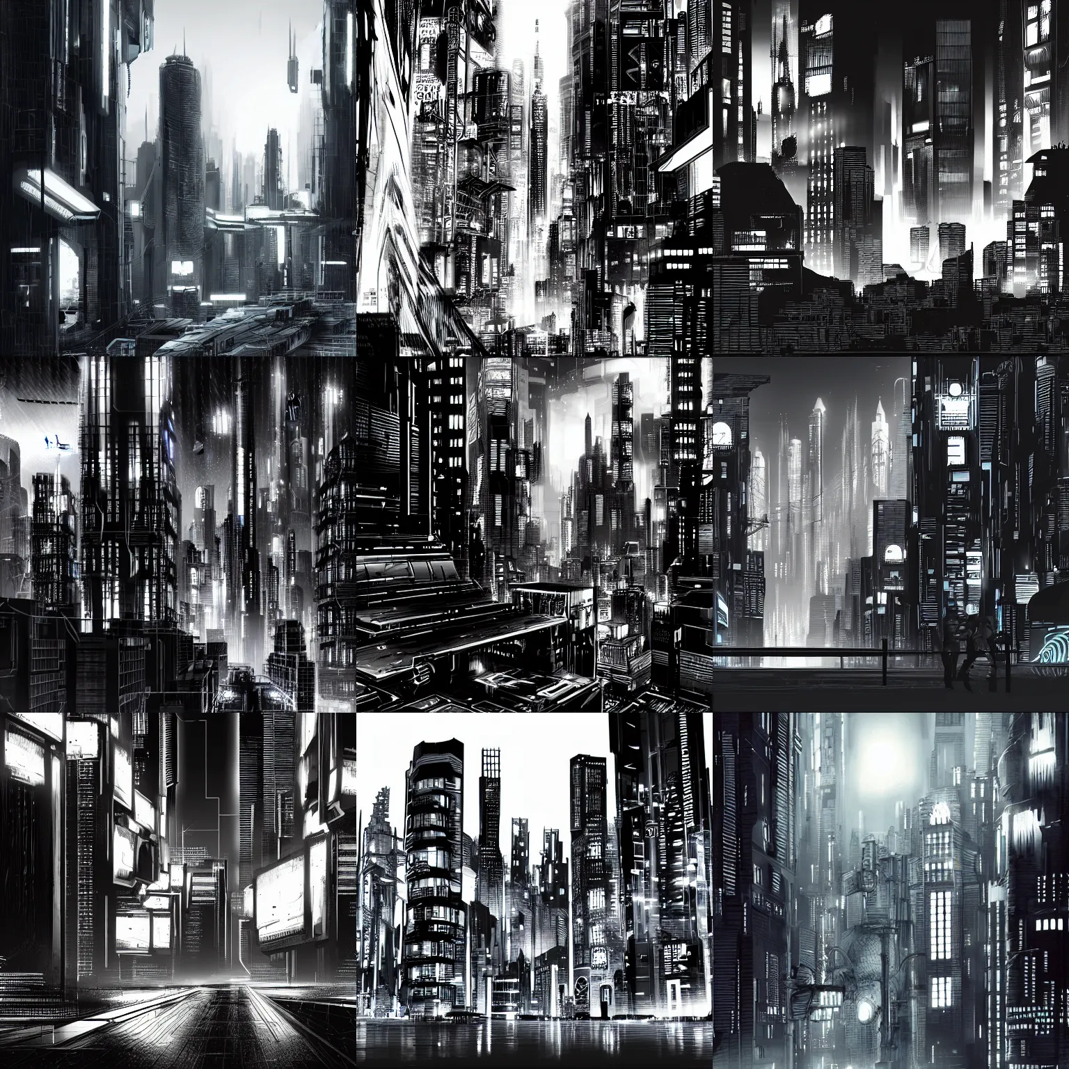 Prompt: cyberpunk city at night, black and white, concept art