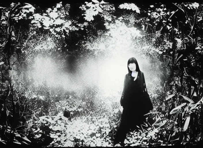 Image similar to a female model with long black hair, emerging from a dense misty jungle wearing camouflage by yohji yamamoto, in the style of daido moriyama, 3 5 mm film, camera obscura, double exposure