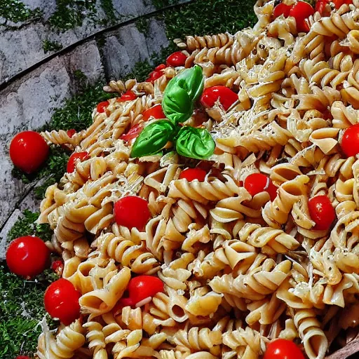 Prompt: an italian town made of pasta, tomatoes, basil and parmesan