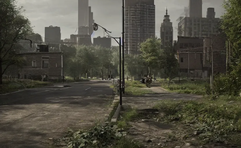 Image similar to rotterdam reclaimed by nature, a photorealistic painting by gregory crewdson, cgsociety, playstation 5 screenshot, matte painting, cryengine