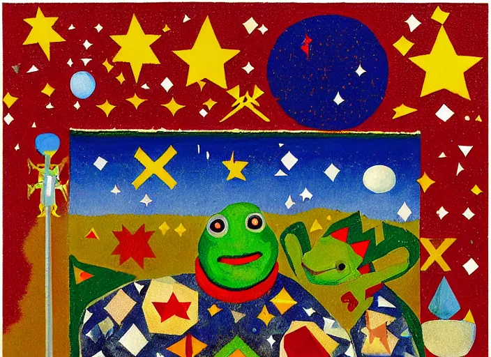 Image similar to pixel decollage painting tarot fool card composition trash can toter with red maggot bear and wonky alien frog knight on a horse in a dark red cloudy night sky with golden foil jewish stars and diamonds, mountain lake and blossoming field in background, painted by Mark Rothko, Helen Frankenthaler, Danny Fox and Hilma af Klint, pixelated, neo expressionism, semi naive, pastel colors, cinematic, color field painting, cave painting, voxel, pop art look, outsider art, minimalistic. Bill Traylor painting, part by Philip Guston and Francis Bacon. art by Adrian Ghenie, very coherent symmetrical artwork, cinematic, hyper realism, high detail, octane render, unreal engine, Smooth gradients, depth of field, full body character drawing, extremely detailed, 8k, extreme detail, intricate detail, masterpiece