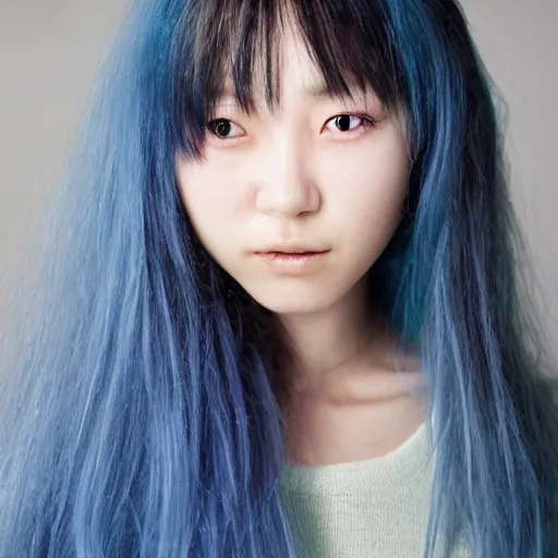 Image similar to photograph of a young Japanese woman with messy blue hair