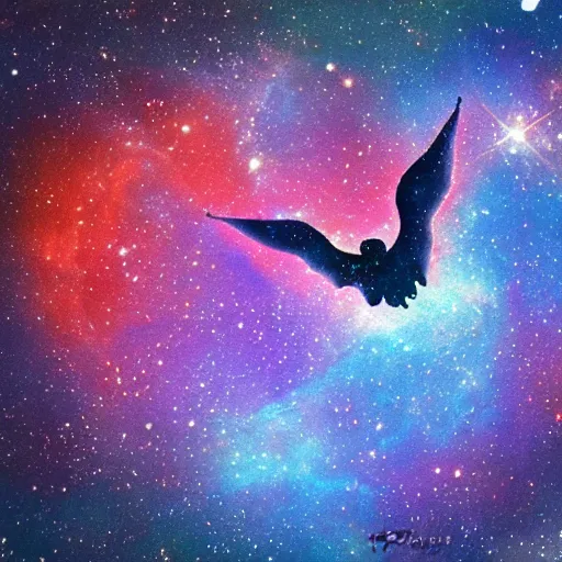 Image similar to a nebula in the shape of a flying bird style of Ghibli