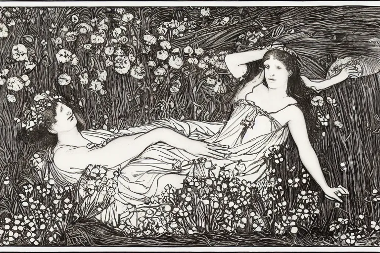Prompt: ophelia by john everett millais, floating in the water, surrounded by water reeds and flowers, illustrated in the style of aubrey beardsley, black ink, decadent, intricate line art
