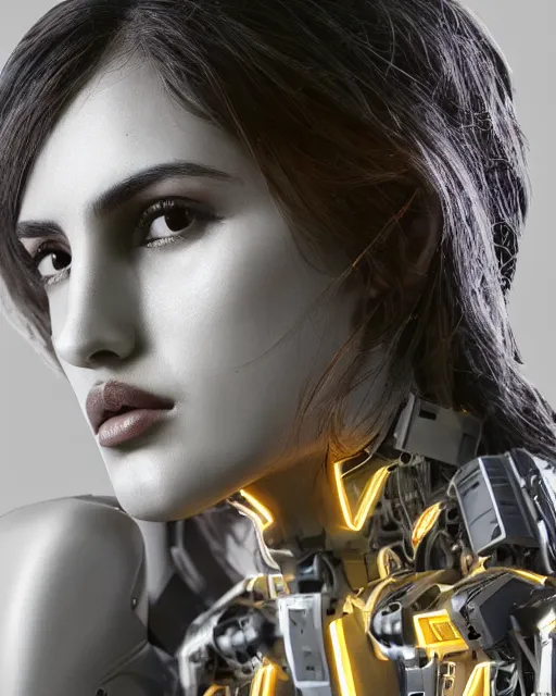 Image similar to centered portrait of soulful eiza gonzalez as a solarpunk mecha humanoid robotic parts with bright led lights, real human face, pudica gesture bouguereau style, in white room, ultra - realistic and intricate, soft portrait shot 8 k