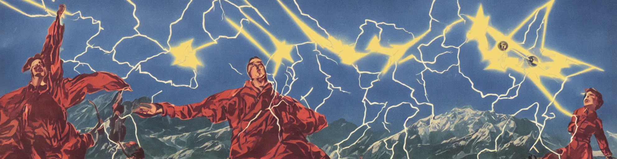 Prompt: solar montain with one lightning bolts in 1940s propaganda poster