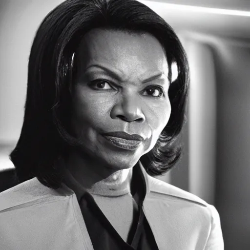 Image similar to Condoleezza Rice as a crew member on Star Trek the original series, XF IQ4, f/1.4, ISO 200, 1/160s, 8K, RAW, unedited, symmetrical balance, in-frame