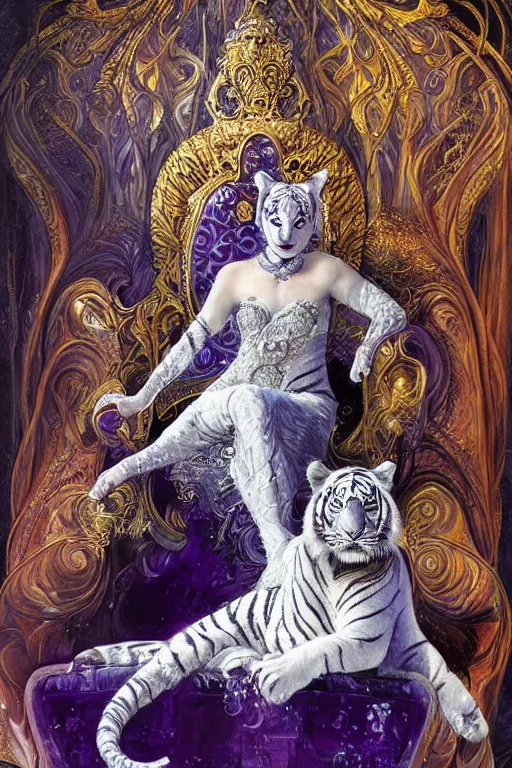 Image similar to a beautiful ultradetailed painting of the empress on a throne made of waves and ice with her white tiger guardian by Karol Bak, blue and purple colour scheme, volumetric lighting.