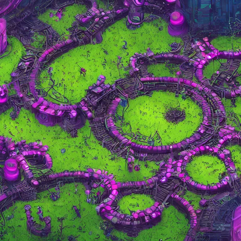 Prompt: a circle portal structure built out of plants and mushrooms ,trees, curves, arches, bright cyberpunk glow, epic surrealism, magenta, deep purple, lime green, hot pink, pale blue, Detailed digital matte painting in the style of simon stalenhag, Greg Rutkowski and Greg Hildebrandt artstation