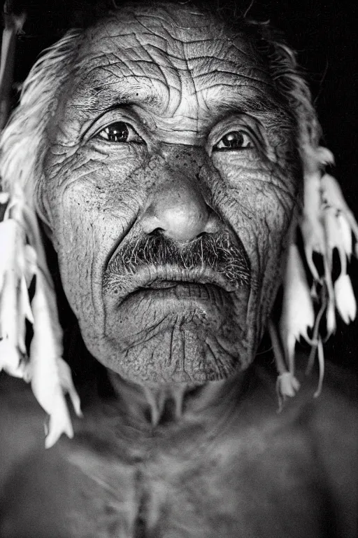 Image similar to one old indigenous man with micron pen ink tattoos stares at the camera, night sky, stars, bruce gilden, leica s, fuji 8 0 0, grainy, low light