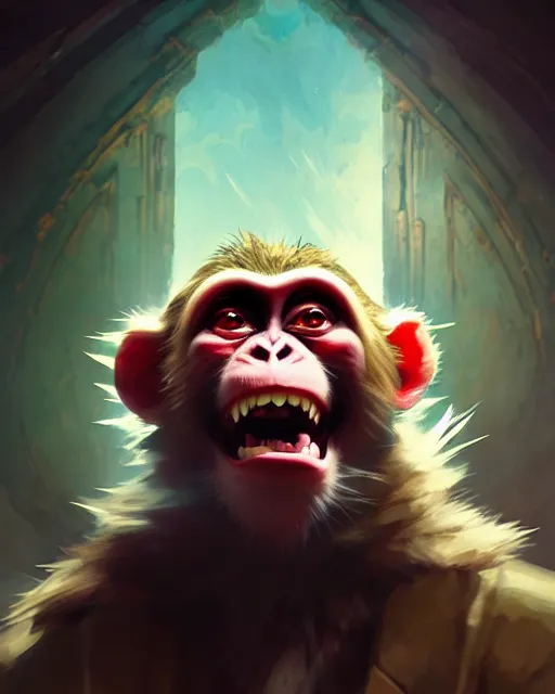 Image similar to Monkey Mad Scientist, laughing, D&D, artstation, fantasy, magic the gathering artwork, cinematic lighting, centered, symmetrical, highly detailed, digital painting, , concept art, smooth, sharp focus, illustration, volumetric lighting, epic Composition, 8k, art by Akihiko Yoshida and Greg Rutkowski and Craig Mullins, oil painting, cgsociety