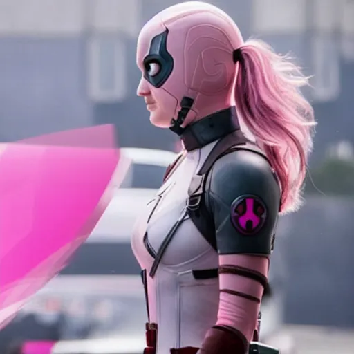 Image similar to A still of Shailene Woodley as Gwenpool in Deadpool 3 (2023), blonde hair with pink highlights, no mask