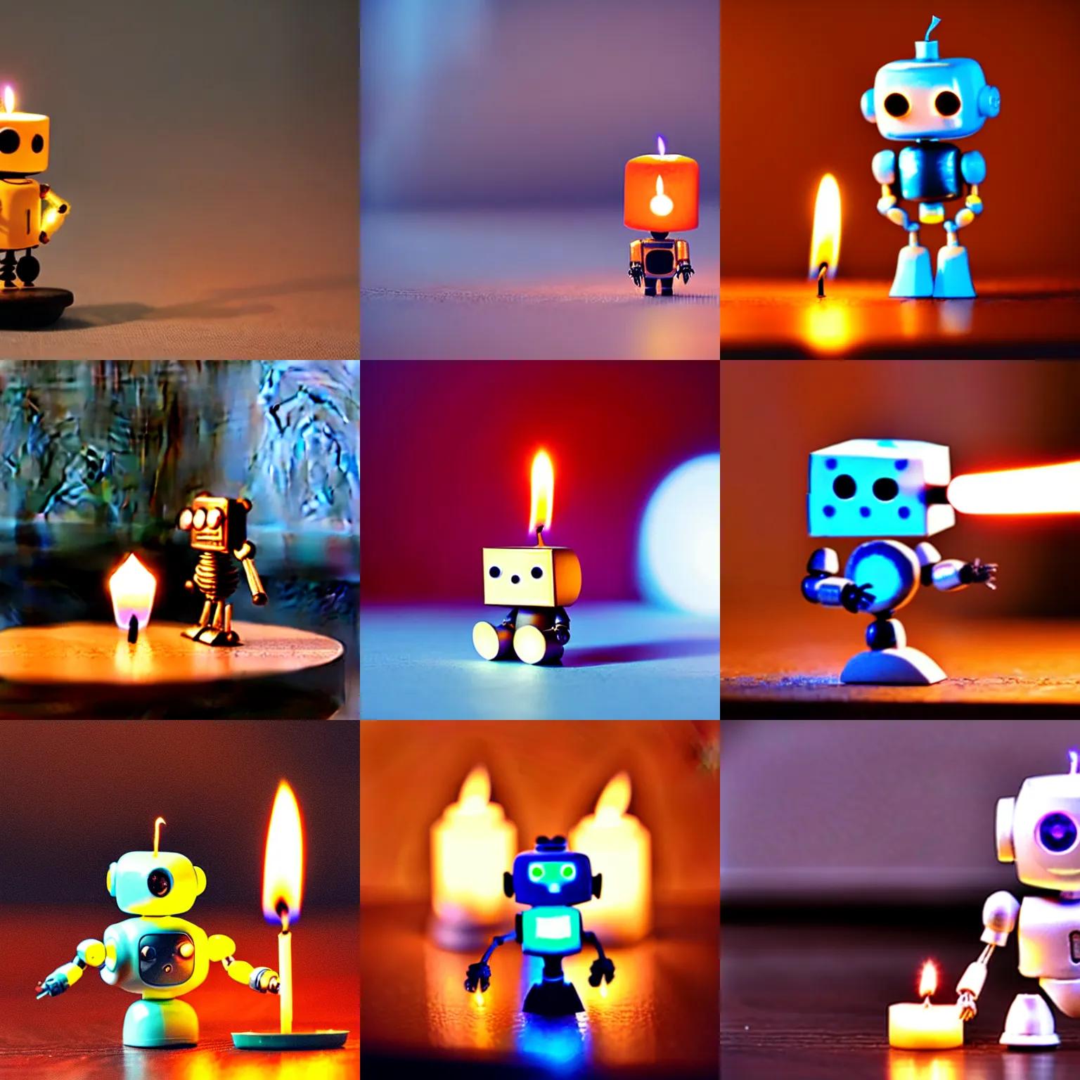 Image similar to a cute little robot sitting on a matchstick with a lit candle in the background