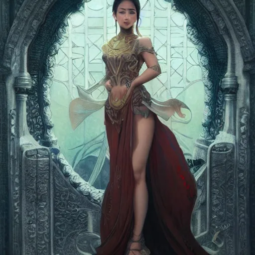 Prompt: full body portrait of asian beautiful girl, d & d, fantasy, intricate, elegant, highly detailed, digital painting, artstation, concept art, smooth, sharp focus, illustration, cinematic dramatic atmosphere, volumetric lighting, smooth, highly detailed, art by artgerm and greg rutkowski and alphonse mucha