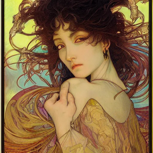 Image similar to a painting in the style of ayami kojima and in the style of jean delville and in the style of alphonse mucha.