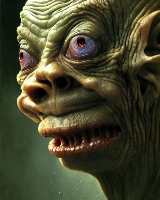 Image similar to gollum smeagol grotesque, ultra detailed, ultra realistic, by beksinski, alejandro jodorowsky, giger, greg rutkowski, carne griffith trending on artstation, deviantart, photorealism