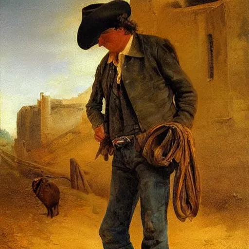 Image similar to oil painting cowboy on dusty street, very very very very very beautiful nature art, masterpiece, realistic and detailed, romanticism by goya