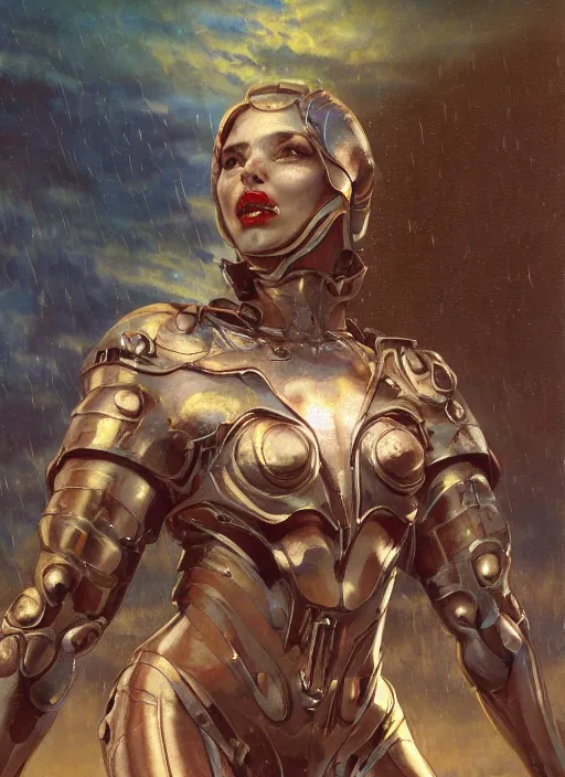 Prompt: a biblical diabolical beautiful female android, hawk, shiny hi tech armor, dynamic pose, splashing, heavy eyes to the side, glowing veins, in clouds, rain, sunset, portrait, by gerald brom, by mikhail vrubel, by peter elson, muted colors, extreme detail, reflections, trending on artstation, 8 k