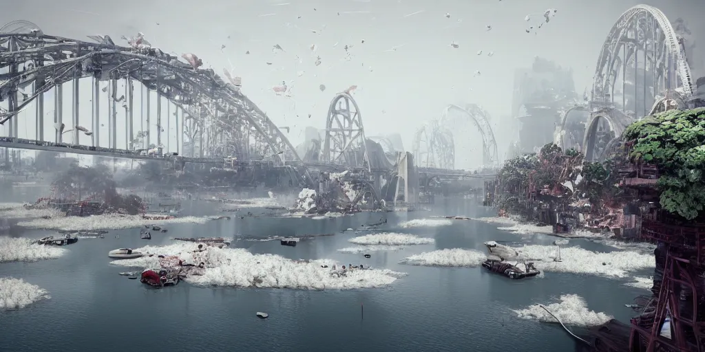 Image similar to explosions in the form of realistic white cotton plants on harbour bridge, huge white cotton everywhere on the destroyed harbour bridge, smooth, sharp focus, highly detailed, 3 d octane render, epic lighting, crazy atmosphere, lots of white cotton, 8 k, by goro fujita