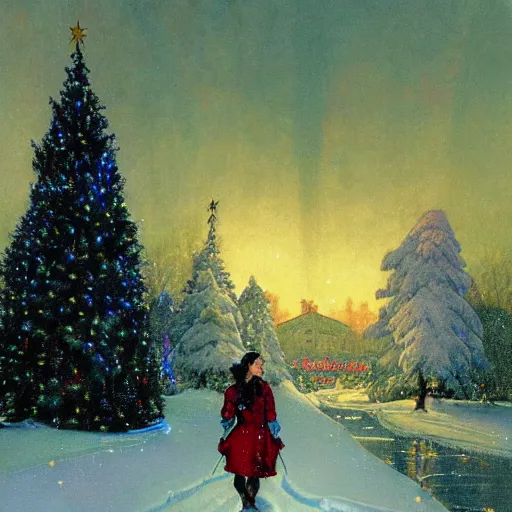 Prompt: a young woman wearing a heavy jacket walking through a snowy fantasy landscape. a village on the right and a forest of lit christmas trees on the left, in the style of norman rockwell.