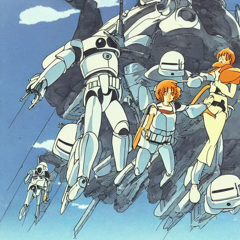 Prompt: 1 9 9 0 studio ghibli animation cel still from nausicaa of the valley of the wind of a portrait of a storm trooper