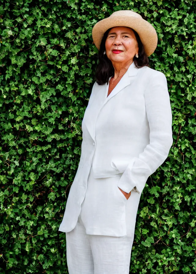 Prompt: close up portrait photo of a woman in her fifties wearing a white linen trouser suit and panama hat, standing in front of an ivy wall, 8 5 mm f / 1. 8, bokeh, backlit