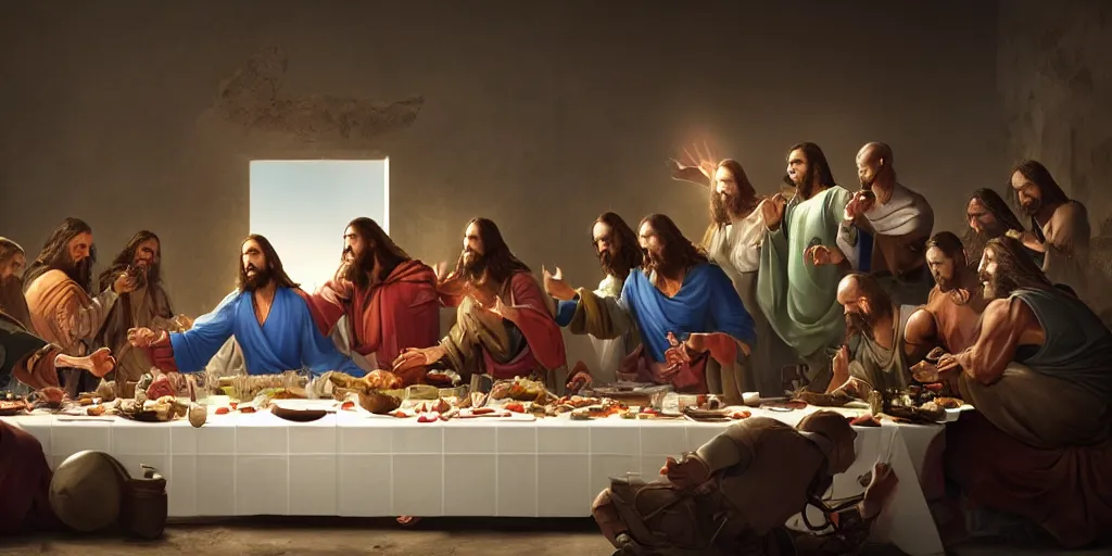 Prompt: professional physically based octane render of Jesus fighting Venom at the Last Supper, character concept art, epic composition, style of Marvel, 8k comic art, intricately detailed