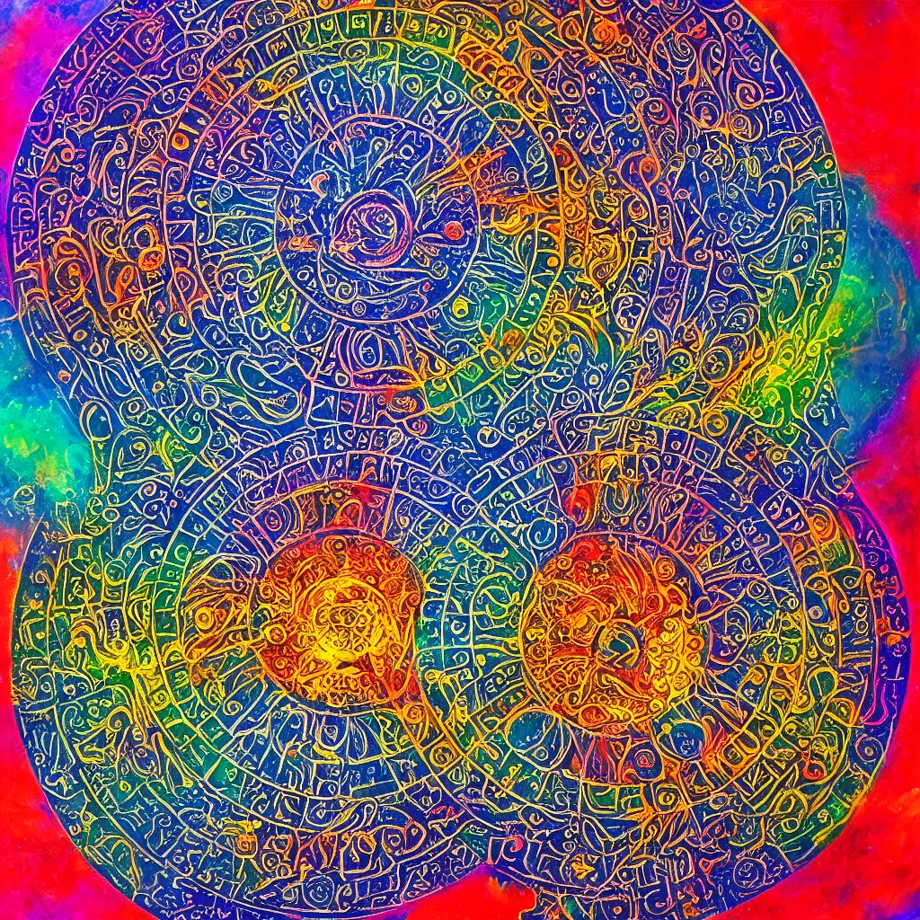 Image similar to great wheel cosmology divine realms mandala celestial and infernal essence lunar mythos solar mythos, award winning painting, chromatic aberration sharp color palette