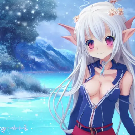 Image similar to a very beautiful anime elf girl, full body, long silver hair with a flower, sky blue eyes, full round face, short smile, shore clothes, thick thigs, firm chest, ice snowy lake setting, cinematic lightning, medium shot, mid-shot, highly detailed, trending on Artstation, Unreal Engine 4k, cinematic wallpaper by Stanley Artgerm Lau, WLOP, Rossdraws, James Jean, Andrei Riabovitchev, Marc Simonetti, and Sakimichan